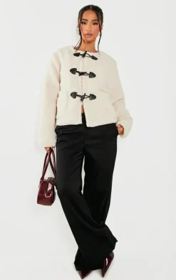 Petite Cream Borg Longline Clasp Detail Jacket