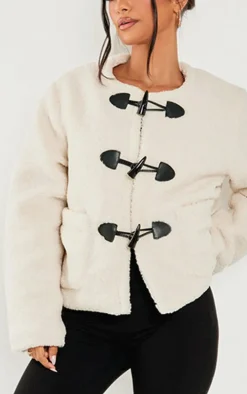 Petite Cream Borg Longline Clasp Detail Jacket