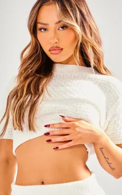 Petite Cream Boucle Cap Sleeve Crop Top