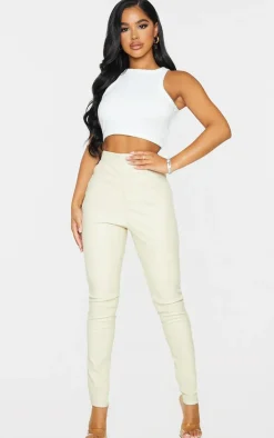 Petite Cream Button Up Faux Leather Skinny Pants