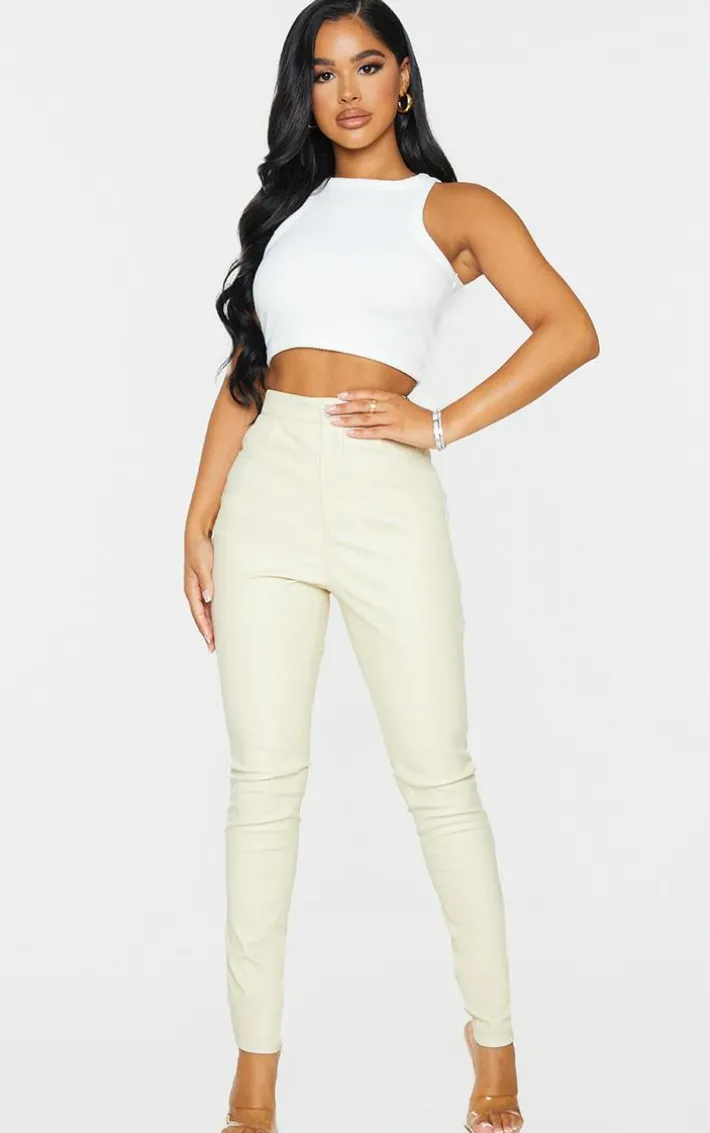 Petite Cream Button Up Faux Leather Skinny Pants