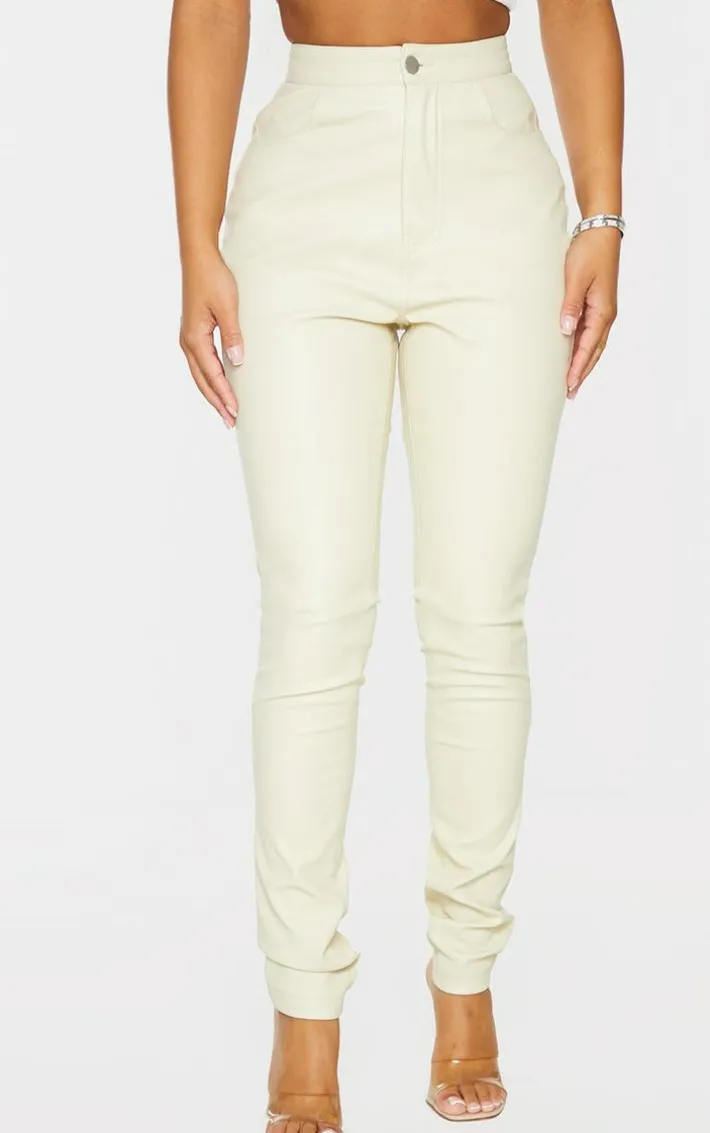 Petite Cream Button Up Faux Leather Skinny Pants