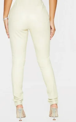 Petite Cream Button Up Faux Leather Skinny Pants