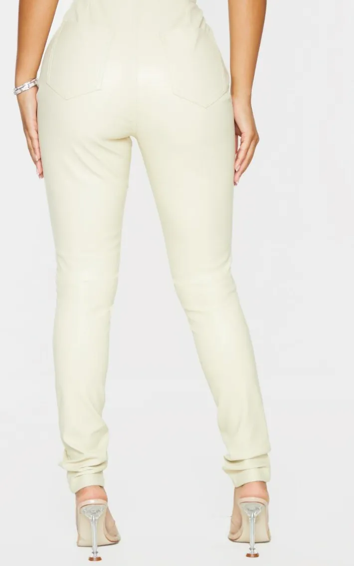 Petite Cream Button Up Faux Leather Skinny Pants