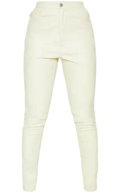 Petite Cream Button Up Faux Leather Skinny Pants
