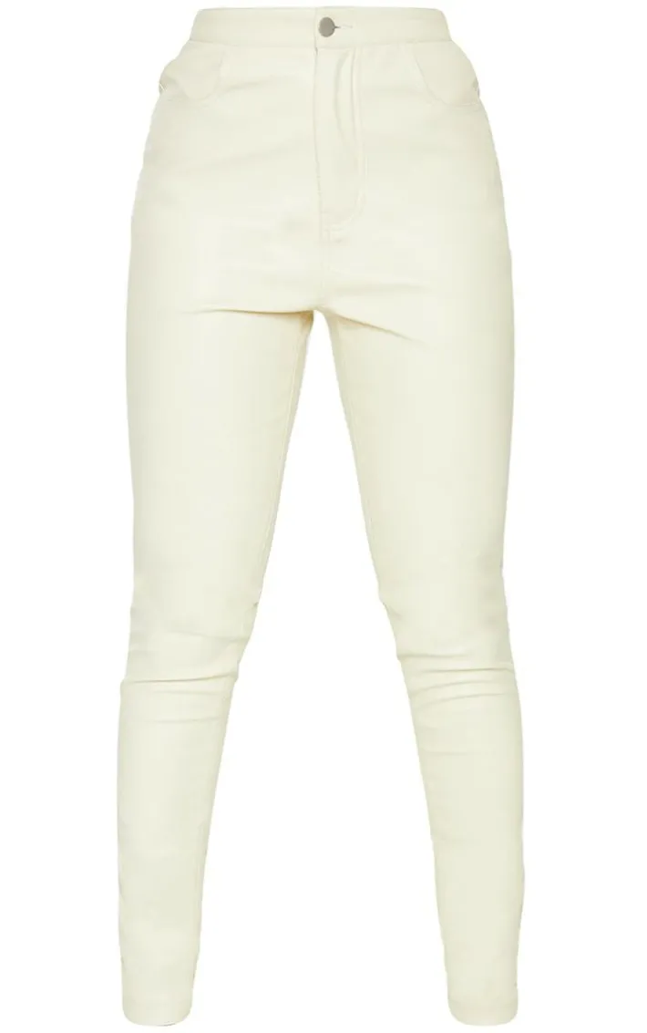 Petite Cream Button Up Faux Leather Skinny Pants