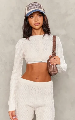 Petite Cream Cable Knit Extreme Cropped Cardigan