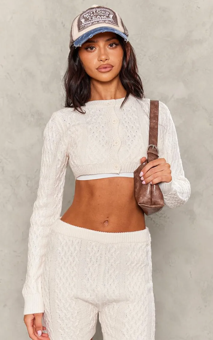 Petite Cream Cable Knit Extreme Cropped Cardigan