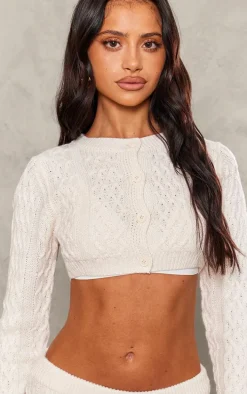 Petite Cream Cable Knit Extreme Cropped Cardigan