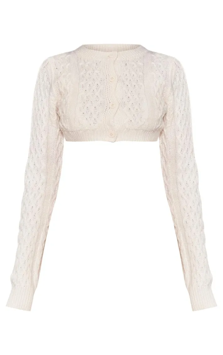 Petite Cream Cable Knit Extreme Cropped Cardigan