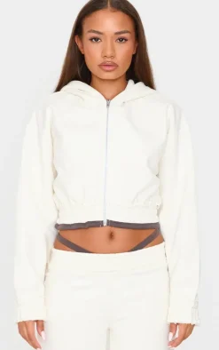 Petite Cream Contrast Detail Cropped Zip Up Hoodie