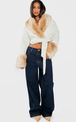 Petite Cream Contrast Faux Fur Trim Cropped Jacket