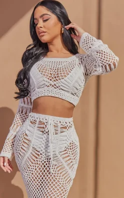 Petite Cream Crochet Long Sleeve Crop Top
