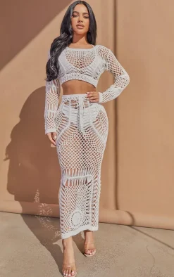 Petite Cream Crochet Long Sleeve Crop Top