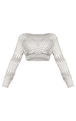 Petite Cream Crochet Long Sleeve Crop Top