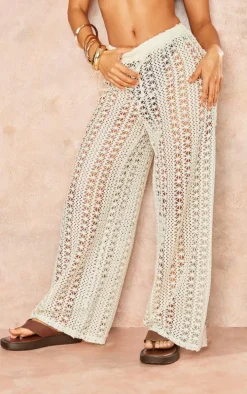 Petite Cream Crochet Wide Leg Pants