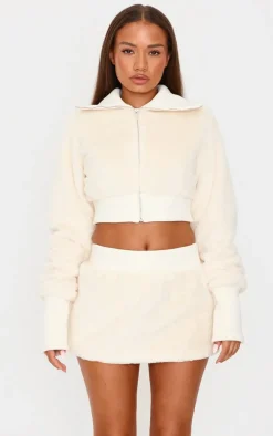 Petite Cream Cropped Zip Up Faux Fur Jacket