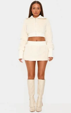 Petite Cream Cropped Zip Up Faux Fur Jacket