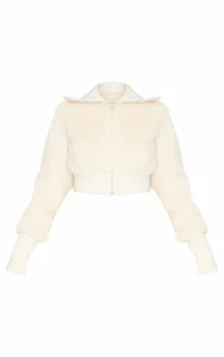 Petite Cream Cropped Zip Up Faux Fur Jacket