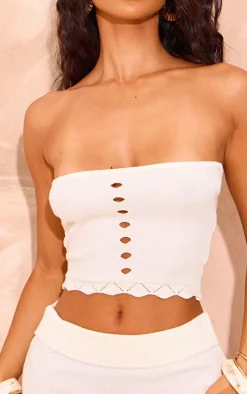 Petite Cream Cut Out Detail Knit Bandeau Top