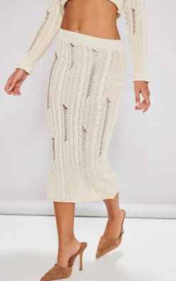 Petite Cream Distressed Cable Knit Midaxi Skirt