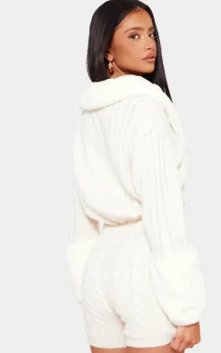 Petite Cream Faux Fur Trim Cable Knit Romper