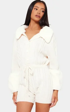Petite Cream Faux Fur Trim Cable Knit Romper