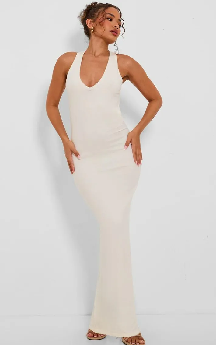 Petite Cream Knit Open Back Cross Over Maxi Dress
