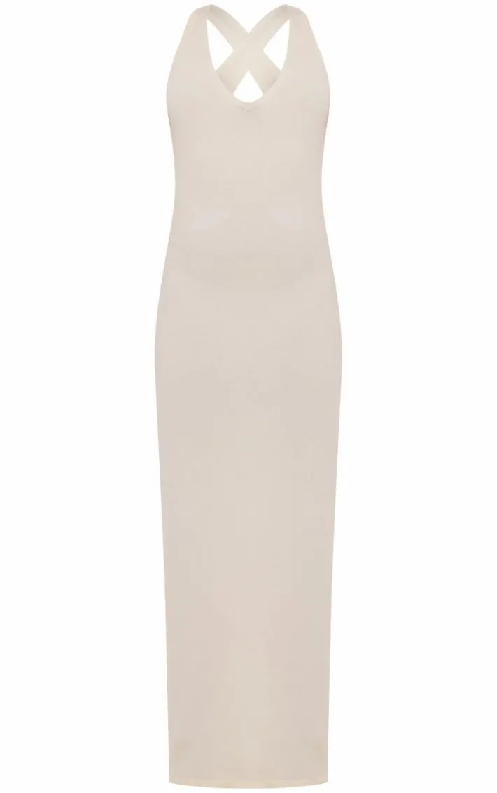 Petite Cream Knit Open Back Cross Over Maxi Dress