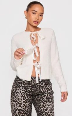 Petite Cream Knit Open Cardigan With Ribbon Details