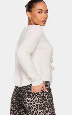 Petite Cream Knit Open Cardigan With Ribbon Details