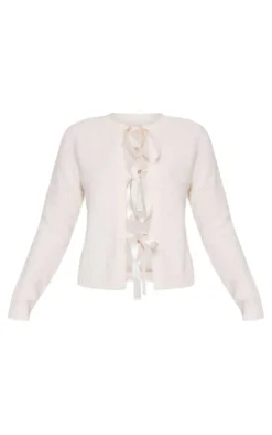 Petite Cream Knit Open Cardigan With Ribbon Details