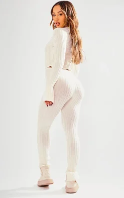 Petite Cream Knitted Button Detail Flared Jumpsuit