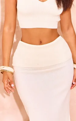 Petite Cream Knitted Fold Over Waistband Maxi Skirt