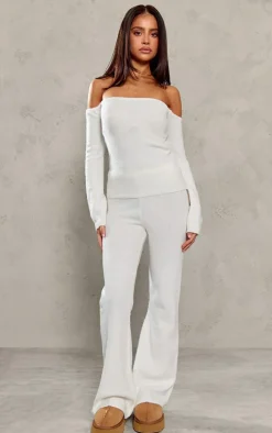 Petite Cream Knitted High Waisted Flares