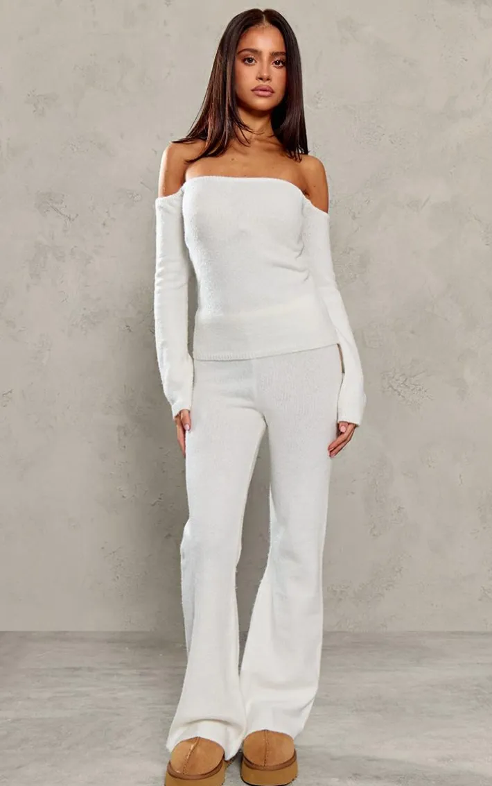 Petite Cream Knitted High Waisted Flares