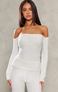 Petite Cream Knitted Long Sleeve Off The Shoulder Long Top