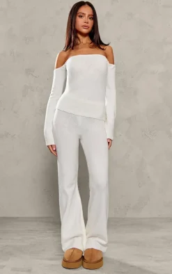 Petite Cream Knitted Long Sleeve Off The Shoulder Long Top