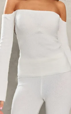 Petite Cream Knitted Long Sleeve Off The Shoulder Long Top