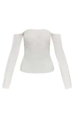 Petite Cream Knitted Long Sleeve Off The Shoulder Long Top