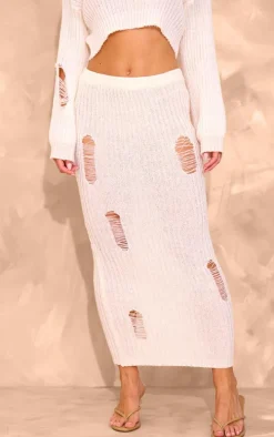 Petite Cream Knitted Low Waist Distressed Maxi Skirt