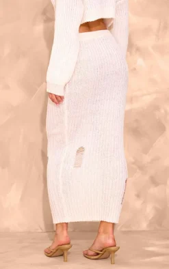Petite Cream Knitted Low Waist Distressed Maxi Skirt