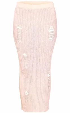 Petite Cream Knitted Low Waist Distressed Maxi Skirt