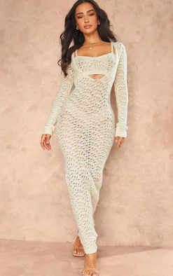 Petite Cream Knitted Open Front Maxi Dress