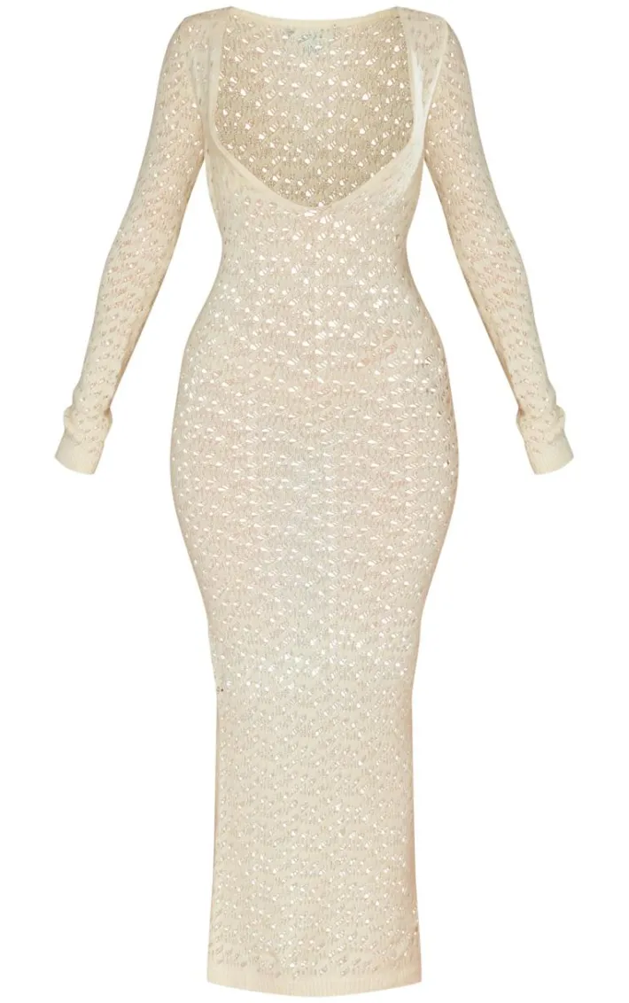 Petite Cream Knitted Open Front Maxi Dress