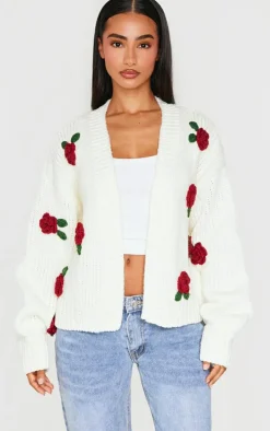 Petite Cream Knitted Slouchy Cardigan With Flower Trims