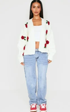 Petite Cream Knitted Slouchy Cardigan With Flower Trims