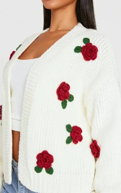 Petite Cream Knitted Slouchy Cardigan With Flower Trims