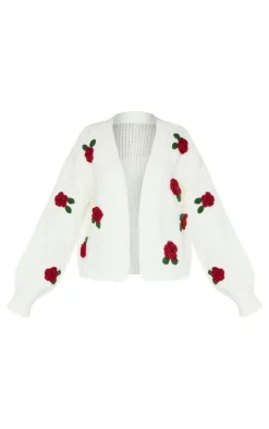 Petite Cream Knitted Slouchy Cardigan With Flower Trims