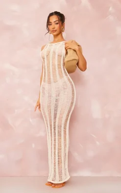 Petite Cream Ladder Knit Racer Midaxi Dress